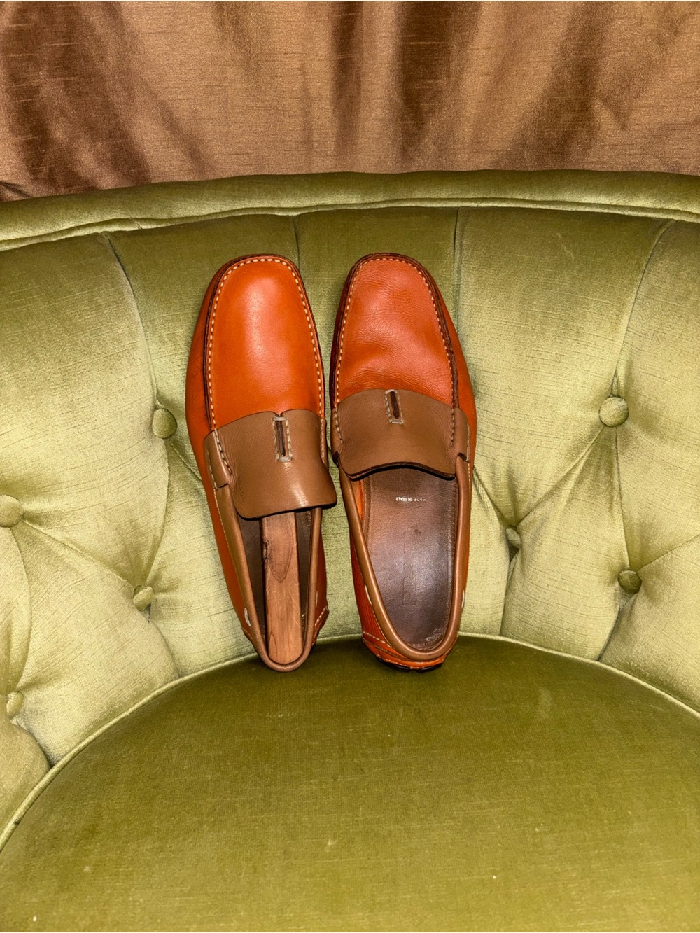 Prada Mens Saffiano Leather Slip On Driving Loafer Orange Tan Men's Size 7 - Picture 7 of 13